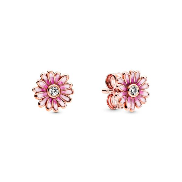 Daisy Pandora Rose stud earrings with clear cubic zirconia and shaded pink enamel Harmony Jewellers Grimsby, ON