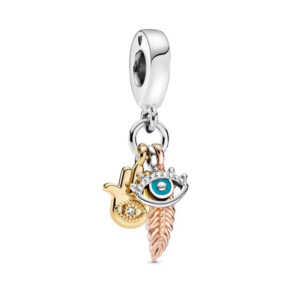 Hand, eye and feather sterling silver, Pandora Shine and Rose dangle with clear CZ and turquoise enamel Harmony Jewellers Grimsby, ON