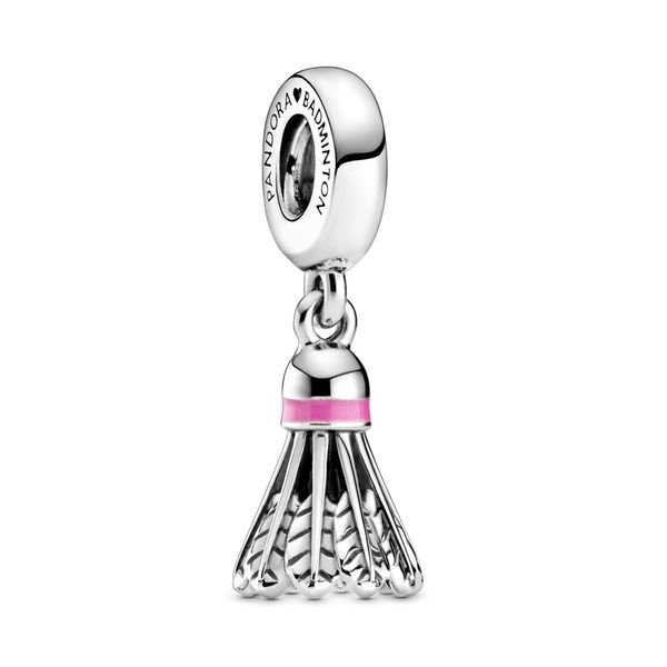 Badminton sterling silver dangle with pink enamel and engraving 'Badminton' Harmony Jewellers Grimsby, ON