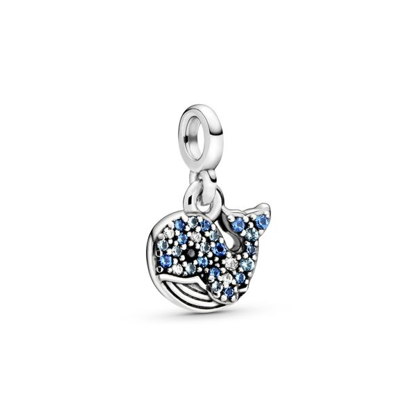 Whale sterling silver dangle with clear CZ, icy blue, stellar blue, skylight blue and black crystal Harmony Jewellers Grimsby, ON