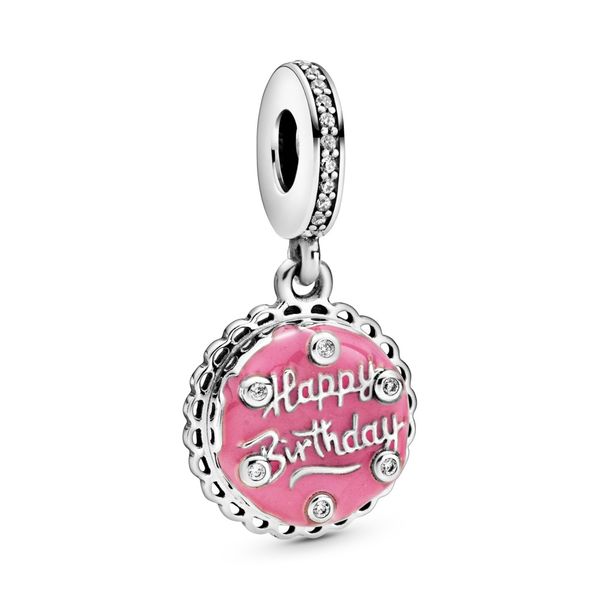 Birthday cake sterling silver dangle with clear CZ and pink enamel Harmony Jewellers Grimsby, ON