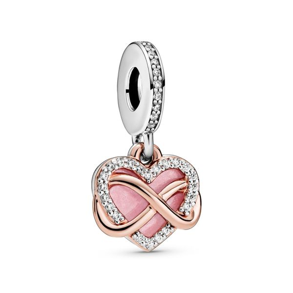 Infinity heart Pandora Rose and sterling silver dangle with clear CZ and pink enamel Harmony Jewellers Grimsby, ON