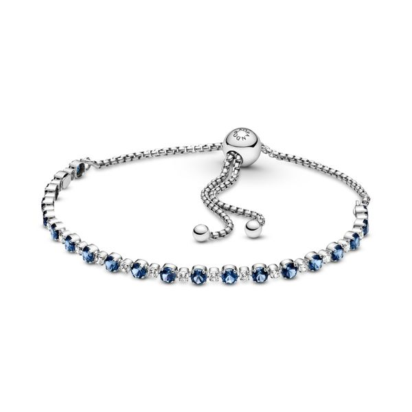 Rhodium plated sterling silver bracelet with moonlight blue crystal and clear CZ Harmony Jewellers Grimsby, ON