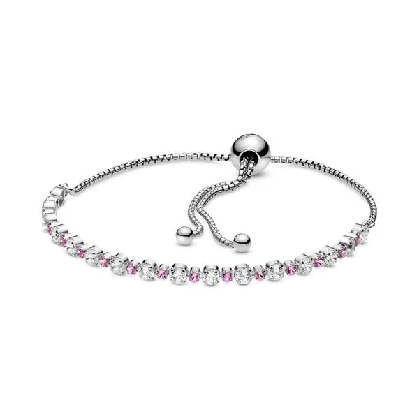 Rhodium plated sterling silver slider bracelet with clear CZ and synthetic pink sapphire Harmony Jewellers Grimsby, ON