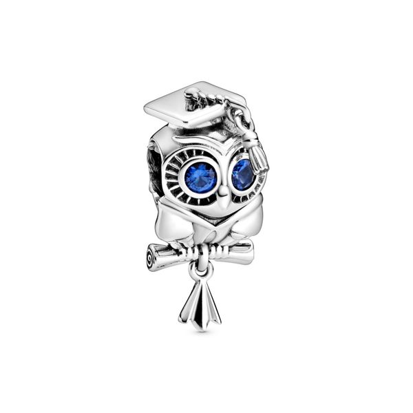 Graduation owl sterling silver charm with stellar blue crystal Harmony Jewellers Grimsby, ON