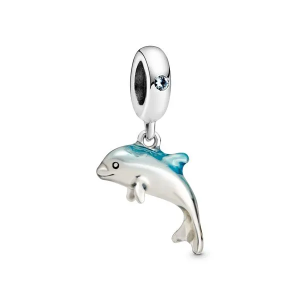 Dolphin sterling silver dangle with icy green crystal and blue enamel Harmony Jewellers Grimsby, ON