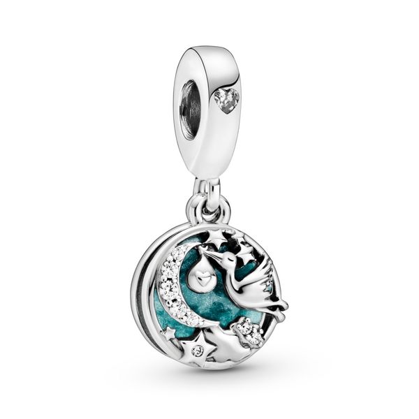 Stork sterling silver dangle with clear CZ and shimmering blue enamel Harmony Jewellers Grimsby, ON