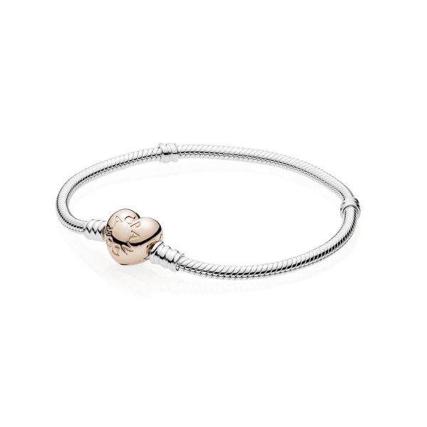 Silver bracelet with heart-shaped Pandora Rose clasp Harmony Jewellers Grimsby, ON