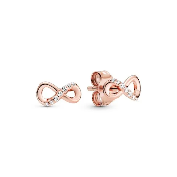 Infinity Pandora Rose stud earrings with clear cubic zirconia Harmony Jewellers Grimsby, ON