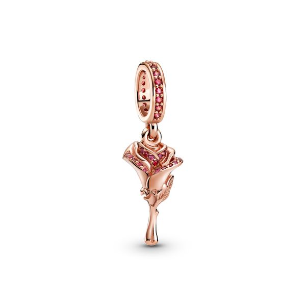 Rose flower Pandora Rose dangle with red cubic zirconia and synthetic pink sapphire Harmony Jewellers Grimsby, ON