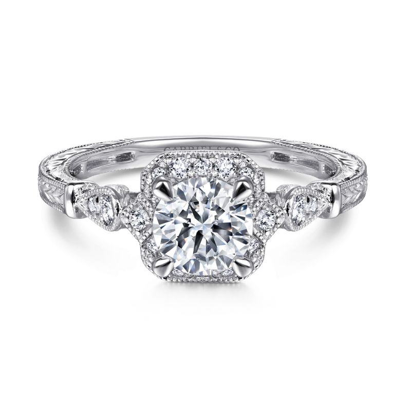 Gabriel & Co. Round Brilliant Cut Diamond Semi-Mount Vintage Halo Style Engagement Ring Harris Jeweler Troy, OH