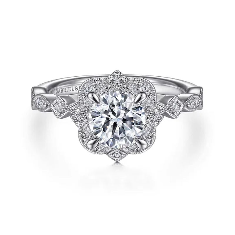 Gabriel & Co. Round Brilliant Cut Diamond Semi-Mount Halo Style Engagement Ring Harris Jeweler Troy, OH