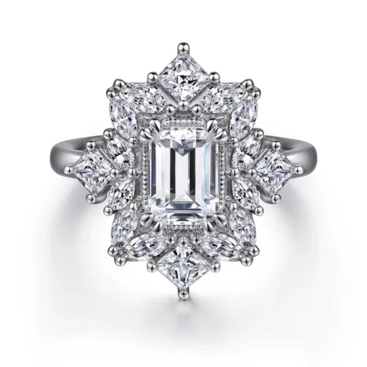 Gabriel & Co. Emerald Cut Diamond Semi-Mount Fancy Halo-Style Engagement Ring Harris Jeweler Troy, OH