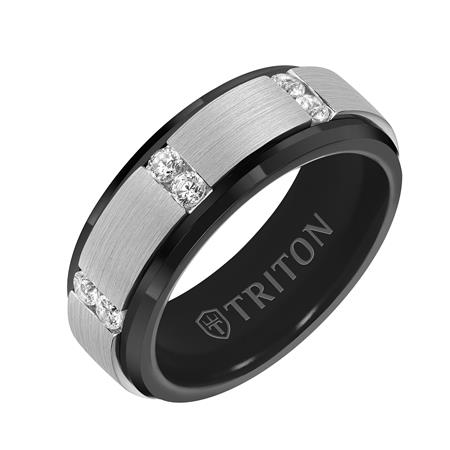 Gents Black Tungsten and Silver Diamond Wedding Band Image 2 Harris Jeweler Troy, OH
