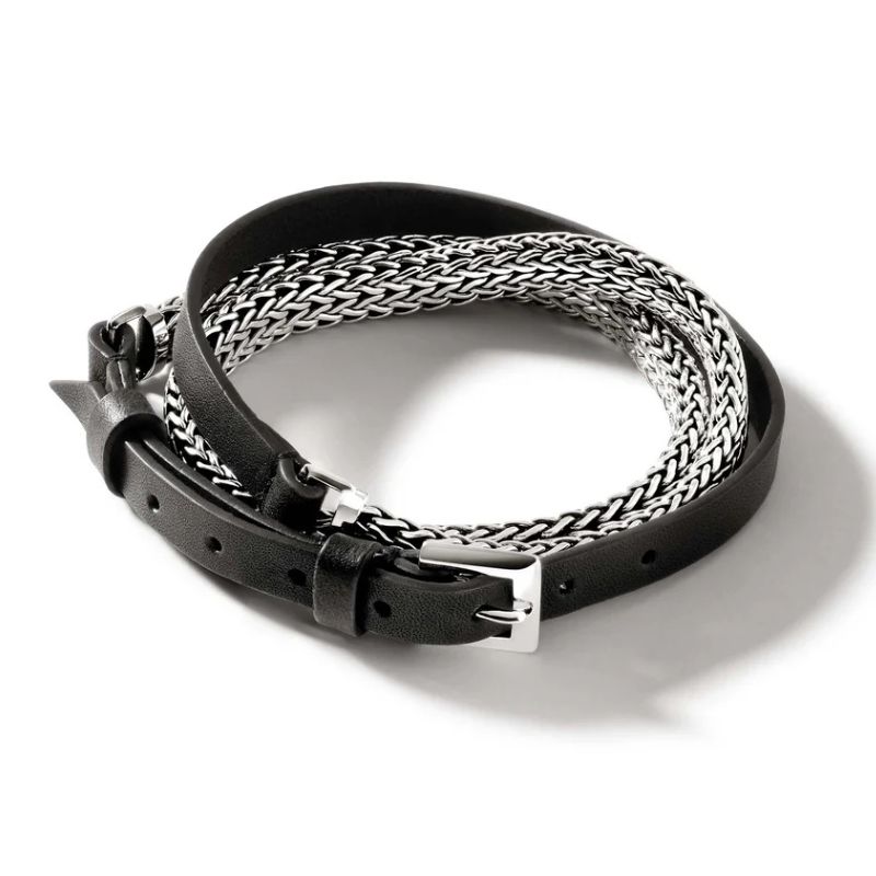 John Hardy Black Leather Triple Wrap Chain Bracelet Harris Jeweler Troy, OH