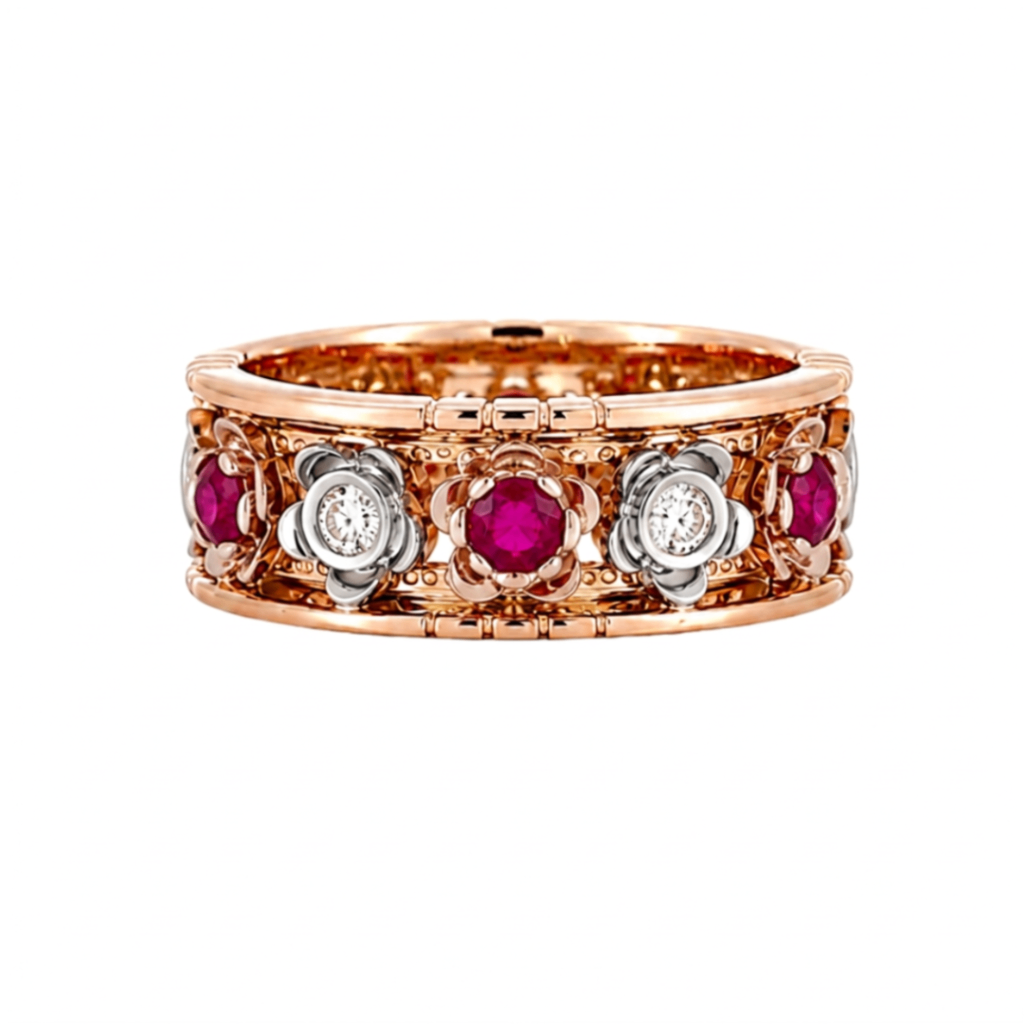 Handmade Ruby and Diamond Flower Estate Eternity Band Harris Jeweler Troy, OH