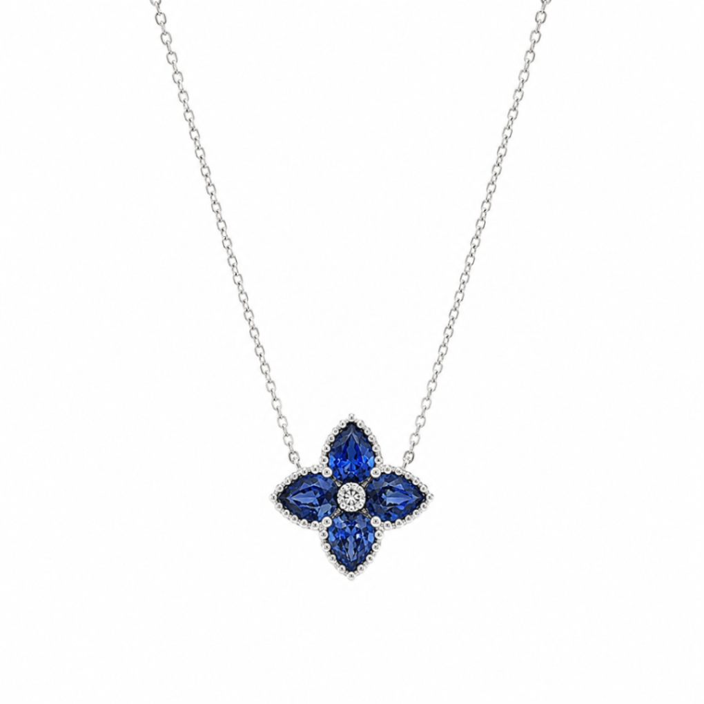 Sapphire and Diamond Flower Pendant Necklace Harris Jeweler Troy, OH