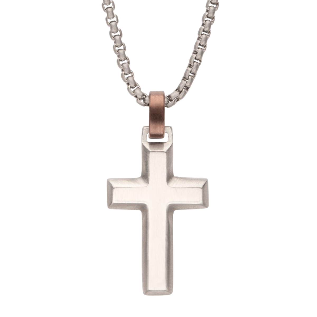 Matte Finish Steel Beveled Cross Pendant with Brown Bail Harris Jeweler Troy, OH