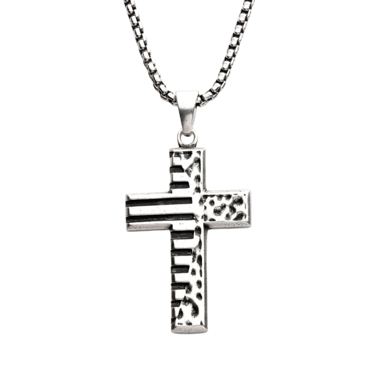 Silver Oxidized Coin Stamped Cross Pendant with Box Chain Harris Jeweler Troy, OH