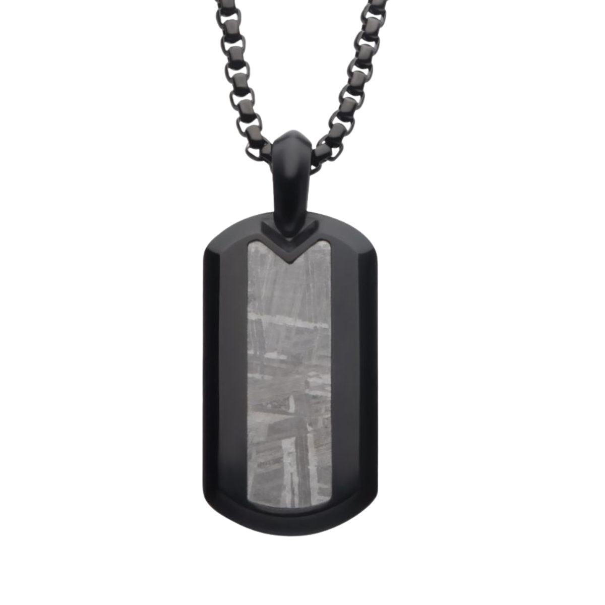 Meteorite Inlay Dog Tag Pendant with Black IP Box Chain Harris Jeweler Troy, OH
