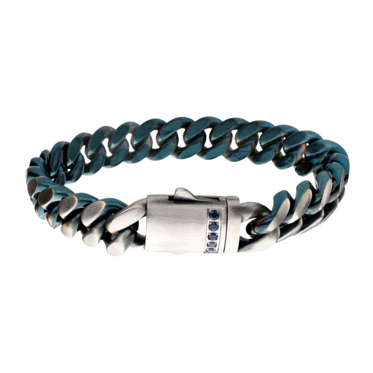 Matte Blue IP Steel Cuban Chain with 2mm Blue Sapphire Clasp Reversible Bracelet Harris Jeweler Troy, OH