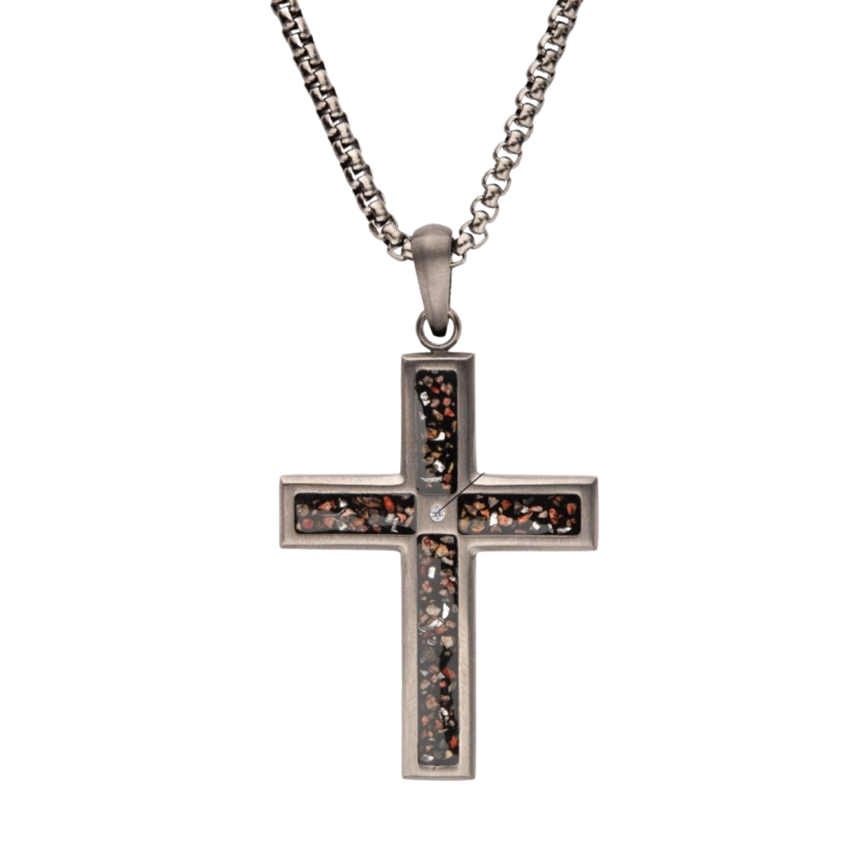 Gun Metal IP Steel Matte Finish Black Dinosaur Bone Inlay with Lab-Grown Diamond Cross Pendant Harris Jeweler Troy, OH