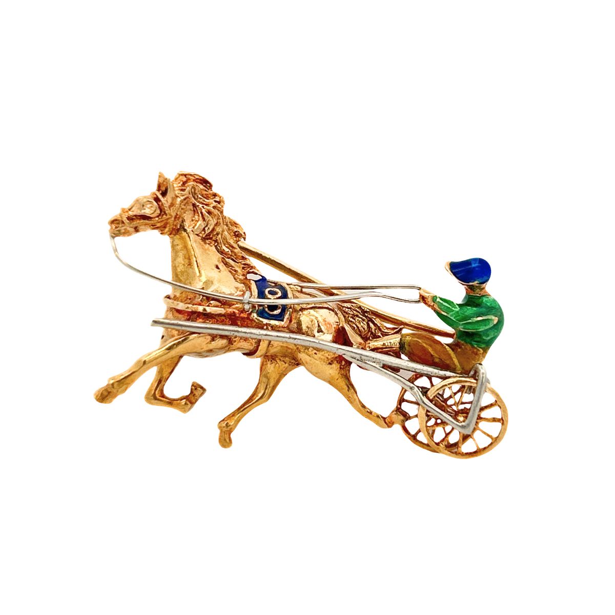 Handmade Harness Racing Horse and Jockey Handmade Estate Pin With Enamel Harris Jeweler Troy, OH
