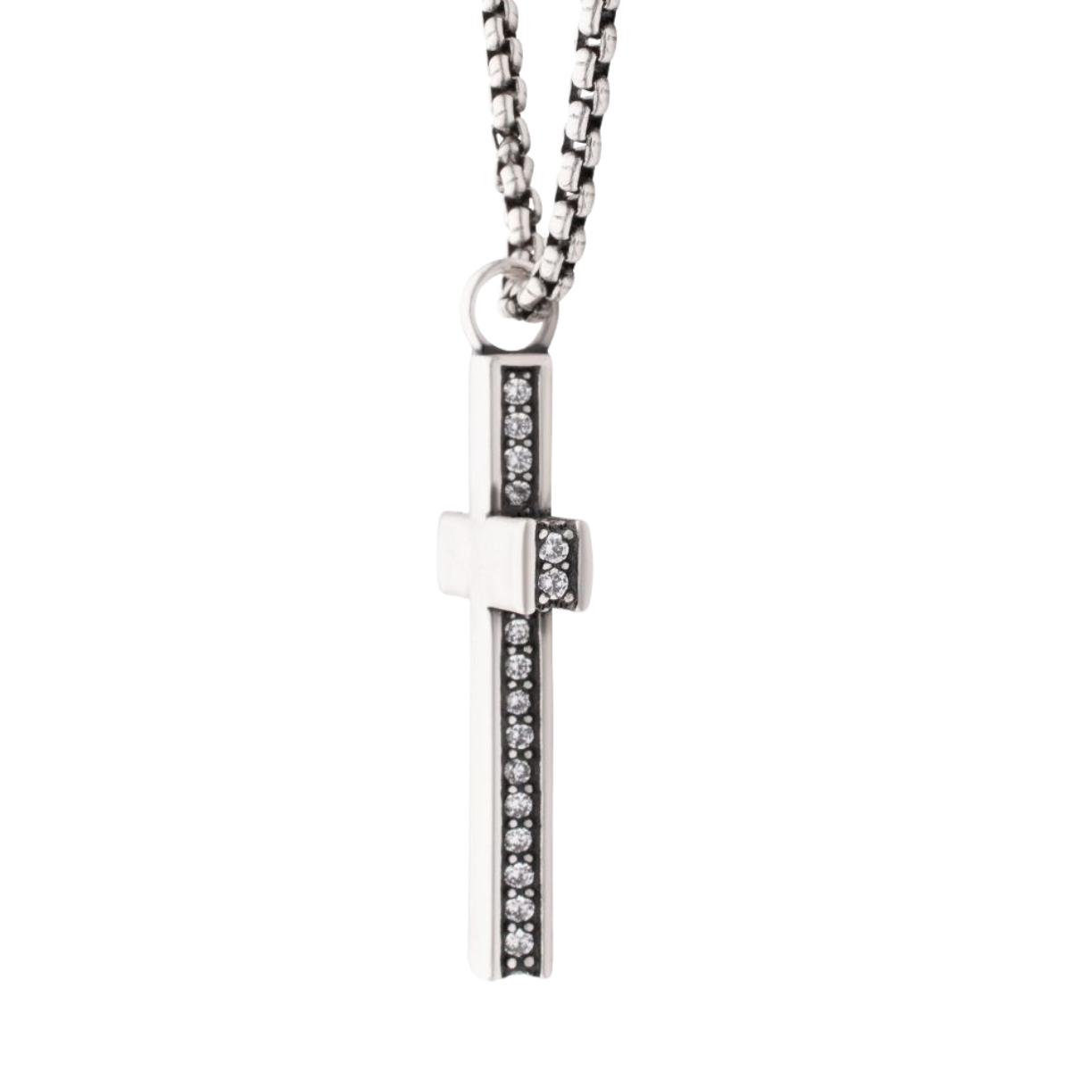 Sterling Silver Side Gem Cross Pendant with Antiqued Finish Box Chain Harris Jeweler Troy, OH