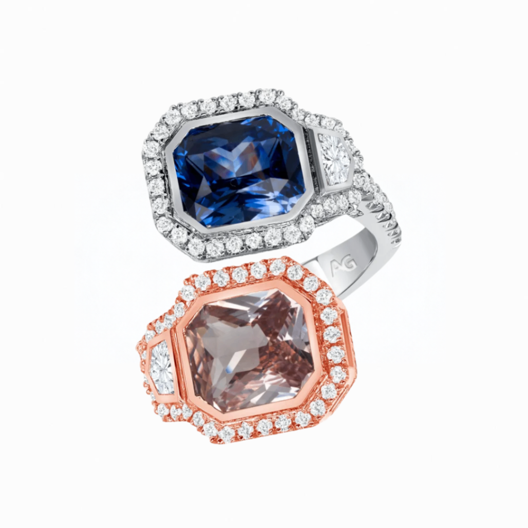 Custom Pink and Blue Sapphire and Diamond Toi et Moi Ring Harris Jeweler Troy, OH