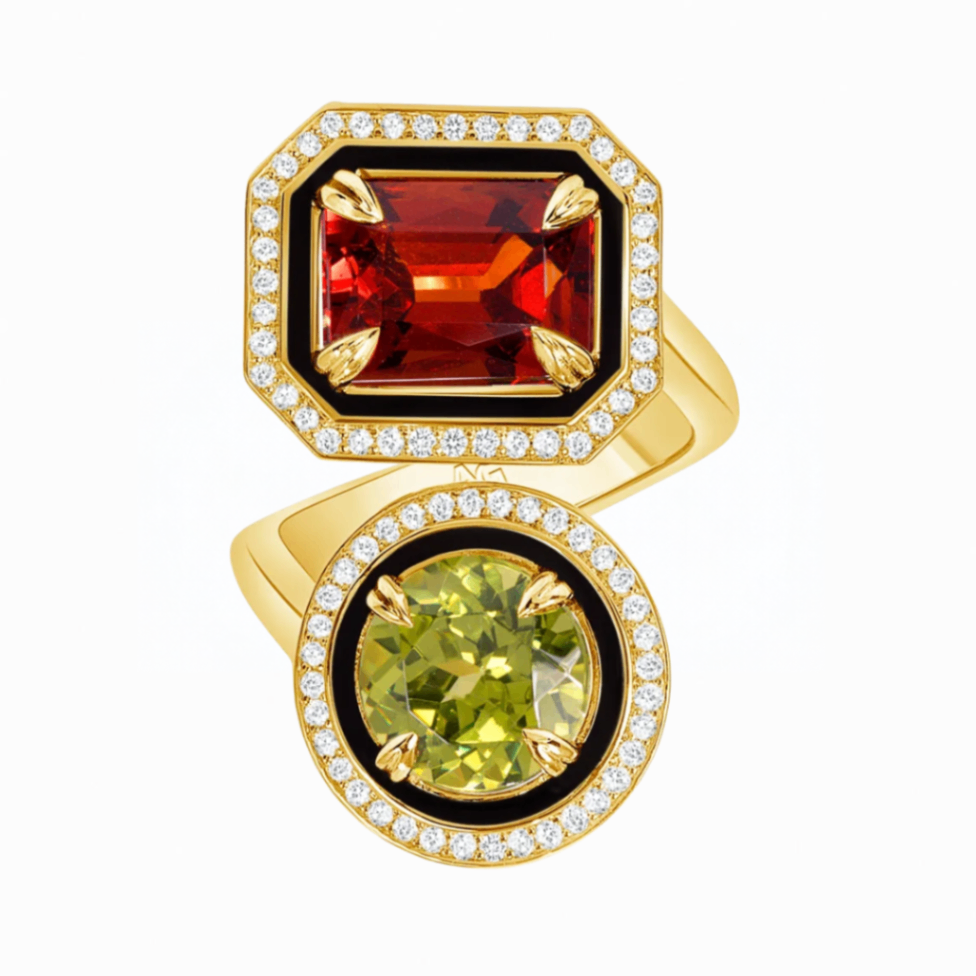 Custom Spessartite Garnet and Sphene Toi et Moi Ring with Diamond and Black Enamel Accents Harris Jeweler Troy, OH