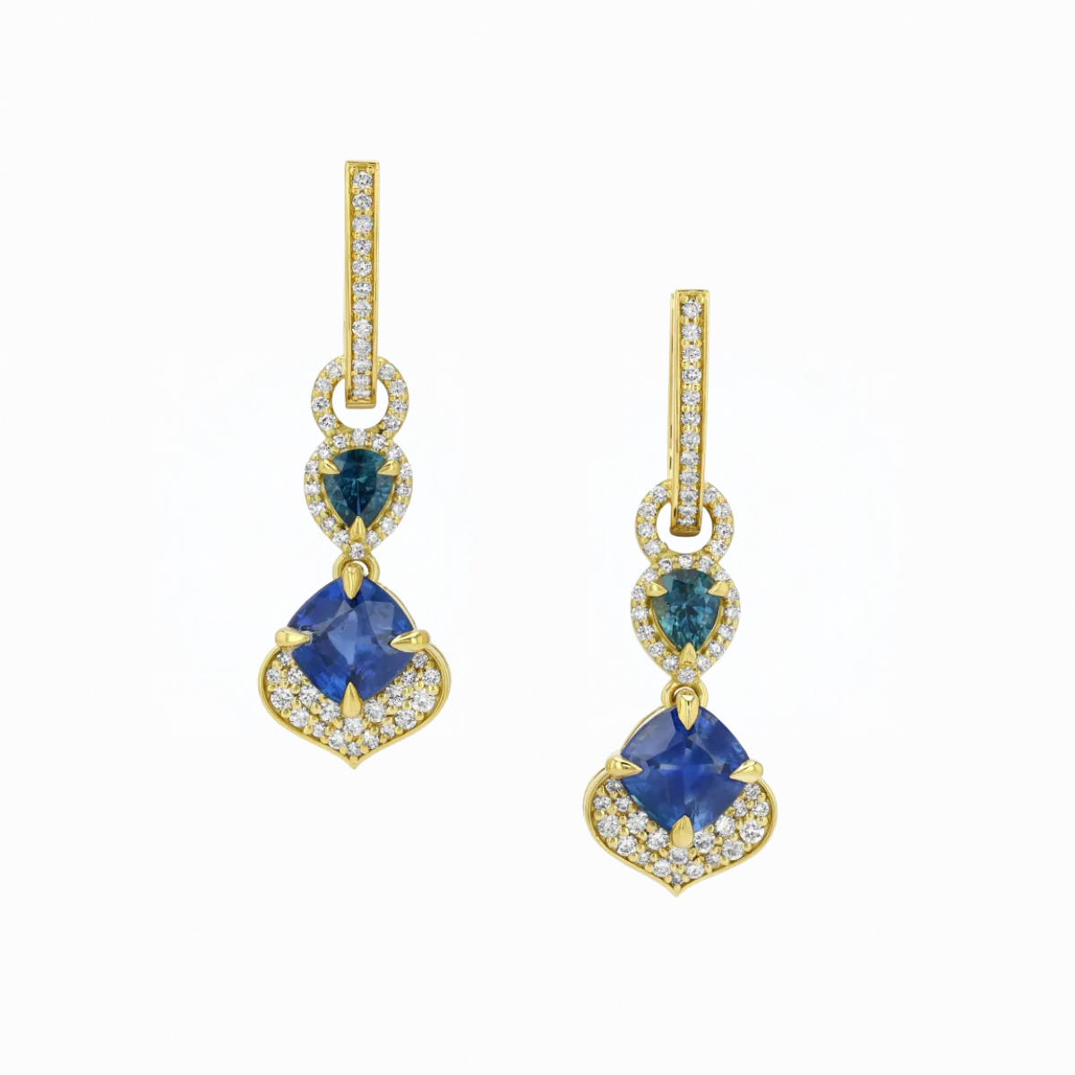 Custom Ceylon Sapphire and Montana Sapphire Drop Earrings Harris Jeweler Troy, OH