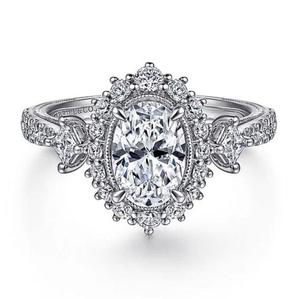 Oval Shape Halo Diamond Gabriel & Co Semi-Mount Engagement Ring Harris Jeweler Troy, OH