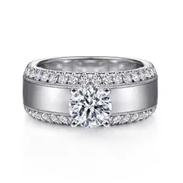 Gabriel & Co. Round Brilliant Cut Diamond Semi-Mount Wide Band Engagement Ring Harris Jeweler Troy, OH