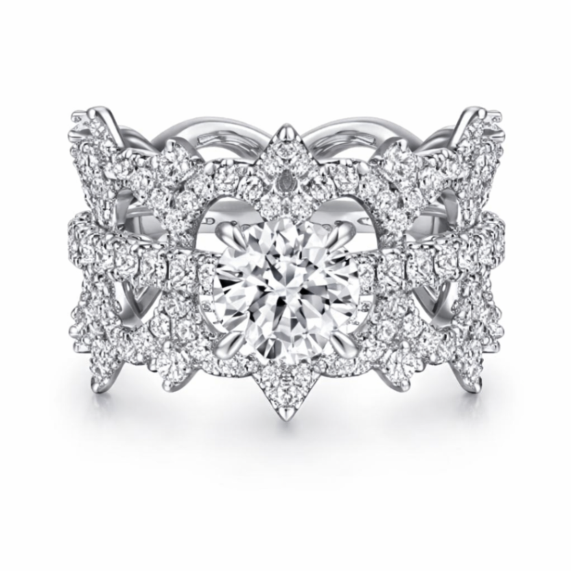 Gabriel & Co. Round Brilliant Cut Diamond Semi-Mount Lace Band Style Engagement Ring Harris Jeweler Troy, OH