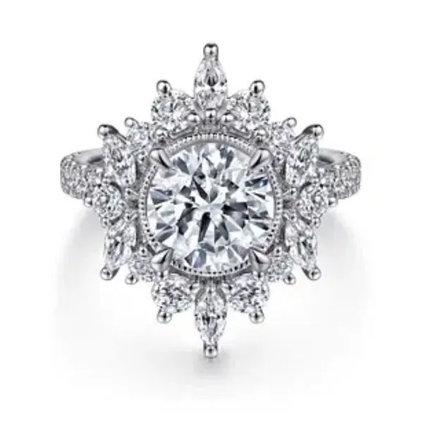 Gabriel & Co. Round Brilliant Cut Diamond Semi-Mount Fancy Halo-Style Engagement Ring Harris Jeweler Troy, OH