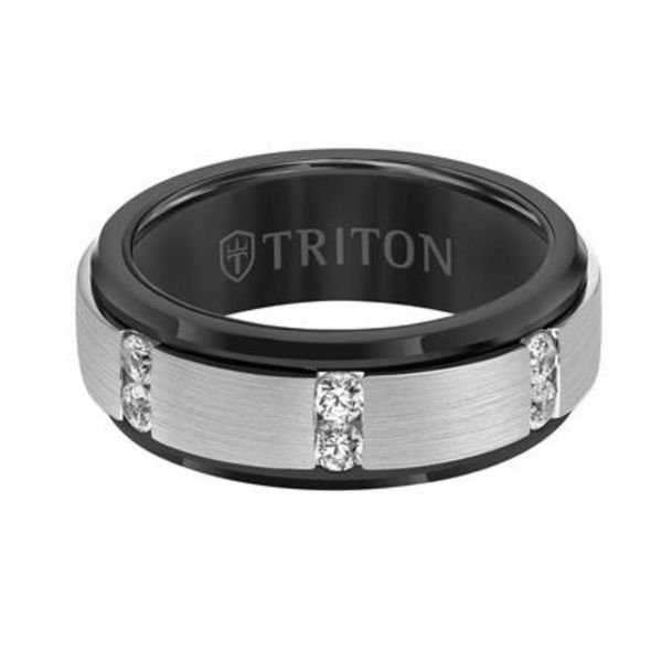 Gents Black Tungsten and Silver Diamond Wedding Band Image 2 Harris Jeweler Troy, OH