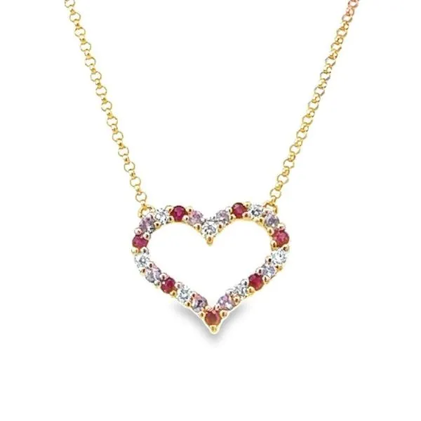 18K Ruby, Pink Sapphire and Diamond Heart Necklace Harris Jeweler Troy, OH