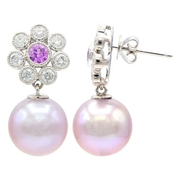 Pearl, Pink Sapphire and Diamond Flower-Style Earrings Harris Jeweler Troy, OH
