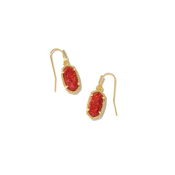 Gold dangle earrings with a red stone in the middle