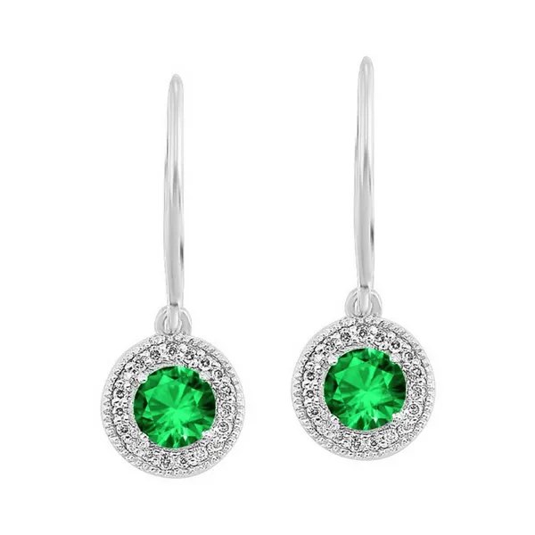 Emerald and Diamond Halo-Style Dangle Earrings - May Birthstone Harris Jeweler Troy, OH