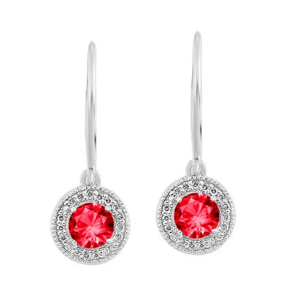 Ruby and Diamond Halo-Style Dangle Earrings - July Birthstone Harris Jeweler Troy, OH