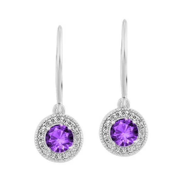 Amethyst and Diamond Halo-Style Dangle Earrings - February Birthstone Harris Jeweler Troy, OH