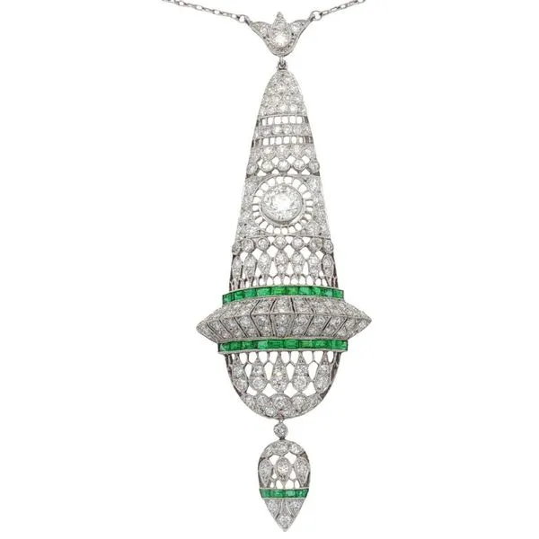 Art Deco Handmade Diamond and Emerald Estate Pendant Harris Jeweler Troy, OH