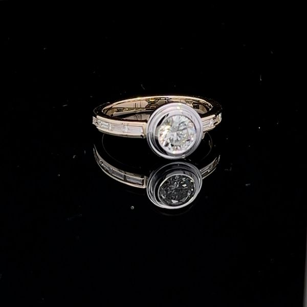 Two Tone 14 Karat Bezel Center Ring with Round and Baguette Diamonds H. Brandt Jewelers Natick, MA