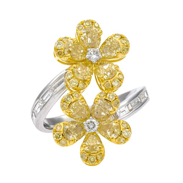 18K Two-Tone Yellow Diamond Double Flower Ring Hildgund Honolulu, HI