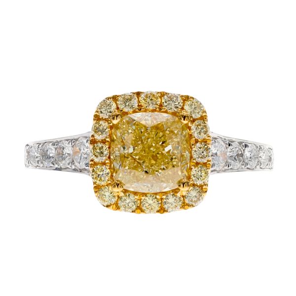 18K White & Yellow Gold Fancy Yellow Diamond Halo Ring Hildgund Honolulu, HI