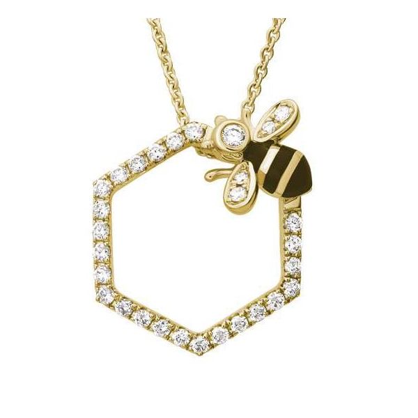 14K Yellow Gold Diamond Honeybee Hexagon Pendant Hildgund Honolulu, HI