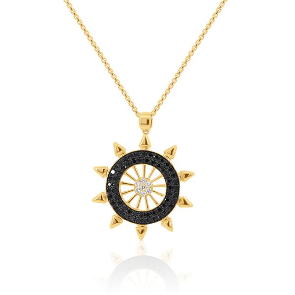 14K Yellow Gold Black & White Diamond Wheel Pendant Hildgund Honolulu, HI