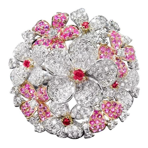 18K White & Rose Gold Sapphire, Ruby & Diamond Flower Ring Hildgund Honolulu, HI