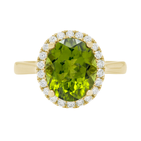 14K Yellow Gold Peridot and Diamond Halo Ring Hildgund Honolulu, HI